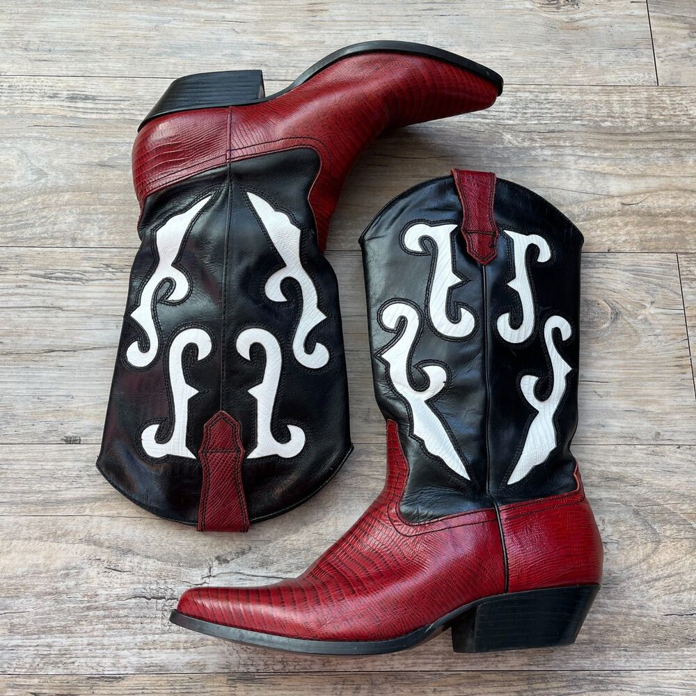 Nine West Red and Black Western Heeled Boots with White Stitching
